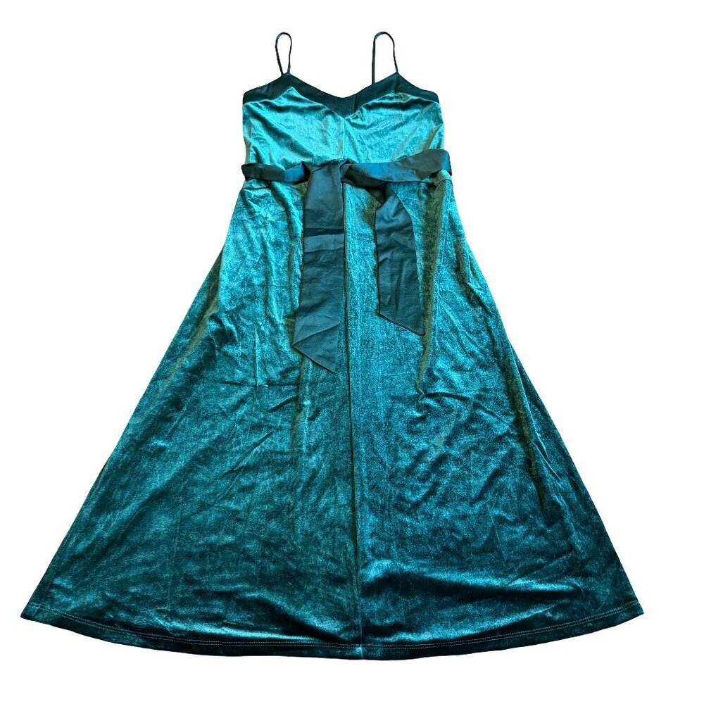 A New Day Green Velvet Satin Bow Dress Midi Length Spaghetti Strap Size XS Women